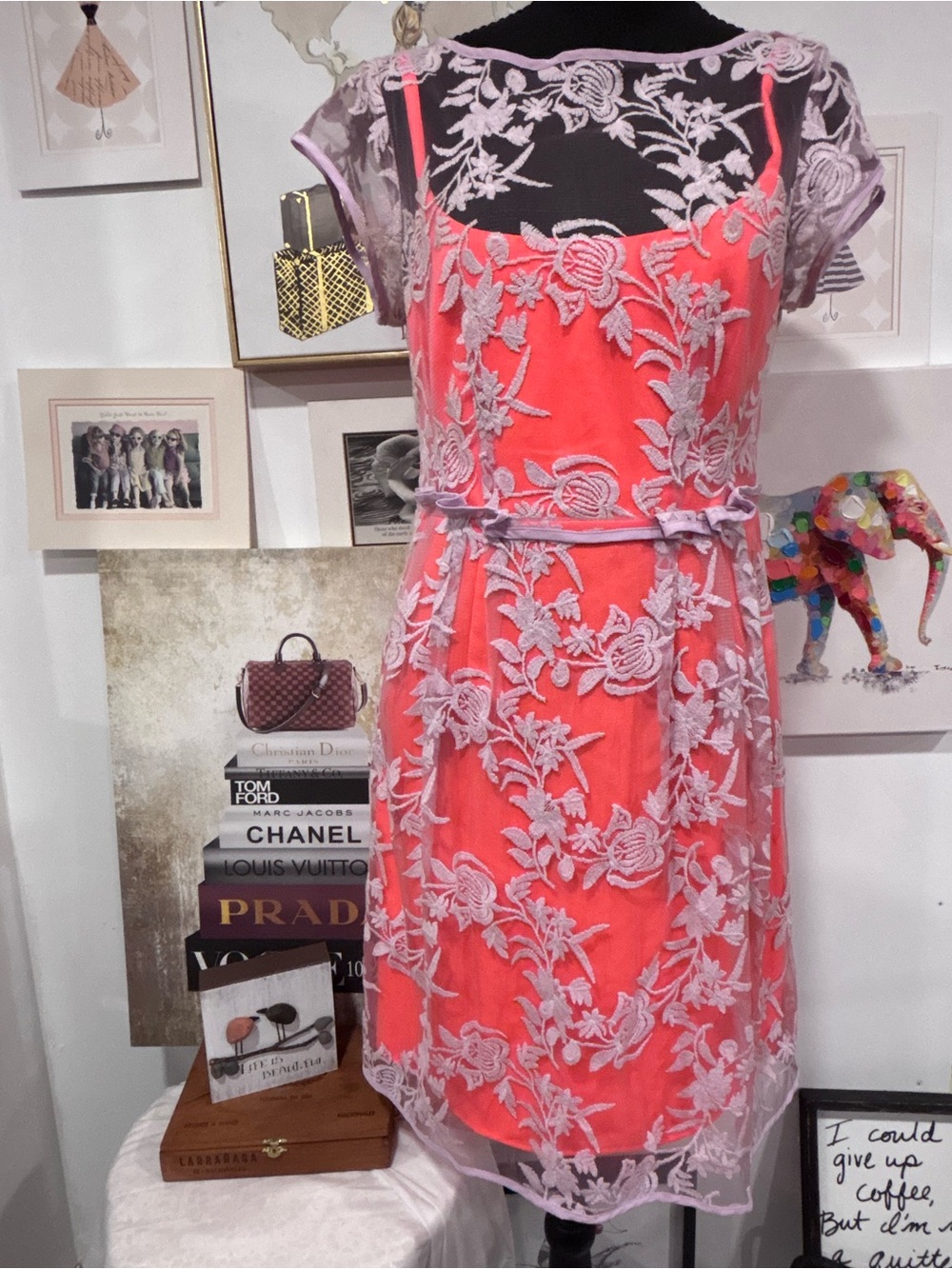 Nanette Lepore Coral Dress with Lilac Lace Overlay